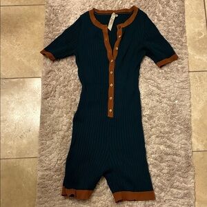 Free People Intimately Teal and Brown Ribbed Playsuit